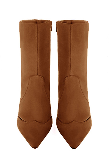 Caramel brown women's ankle boots with a zip on the inside. Pointed toe. Medium block heels. Top view - Florence KOOIJMAN
